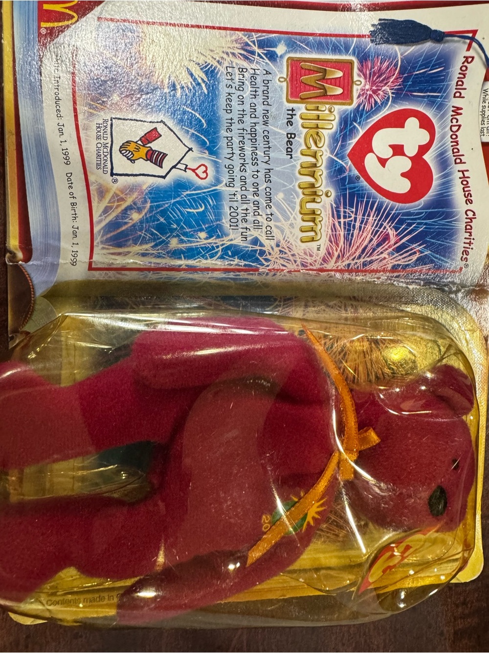 Ty Beanie Baby Millennium Bear - Red with Gold Ribbon- VTG 2000